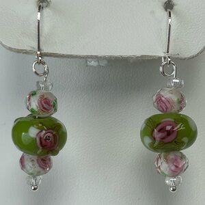 Wedding Cake Art Glass & Faceted Rose Crystal Beaded Dangle Pierced Earrings